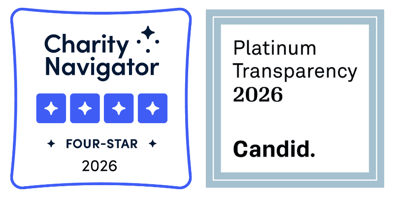 Charity Navigator 100% 4 star charity badge and 2026 Candid Platinum Transparency Shield.